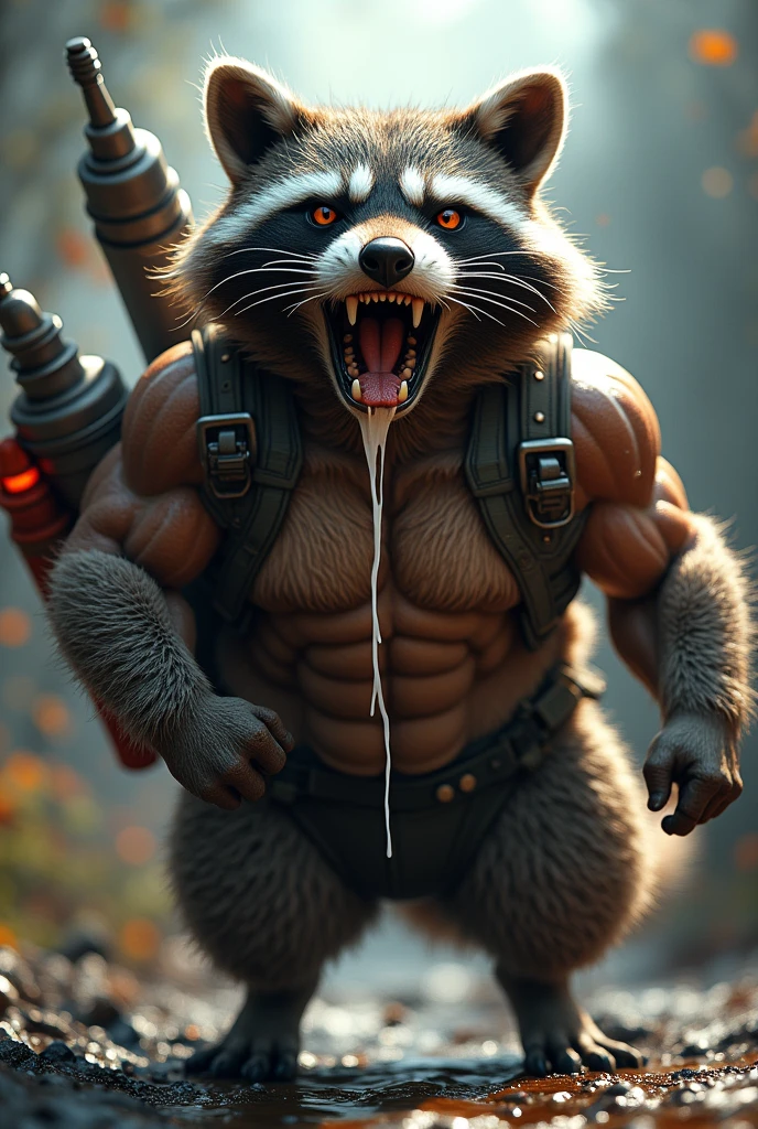 a male raccoon with a rocket on his back, muscular body, detailed facial features, saliva dripping from mouth, covered in white sticky liquid, intricate details, hyper realistic, cinematic lighting, vibrant colors, 8k, masterpiece