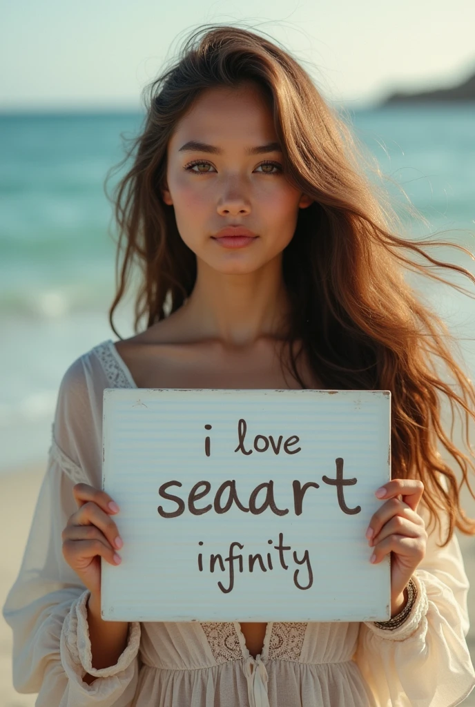 Beautiful girl with wavy long hair, bohemian dress, holding a white board with text "I Love Seaart Infinity" and showing it to the viewer