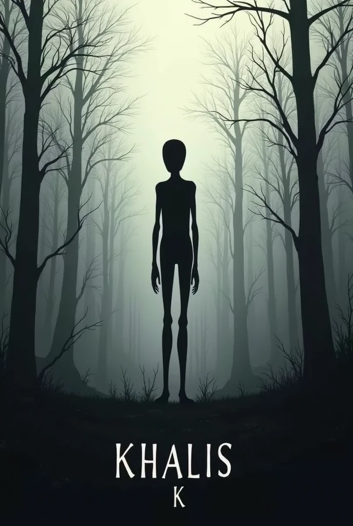 Cover de rap très sombre dans une foret un avec un Bonhomme noir avec un corps tres long en zigzag avec ecrit "Khalis." et "k." juste en dessous en noir, l'ambiange est blanche grise et noir, cela donne un ressenti sombre et mélancolique