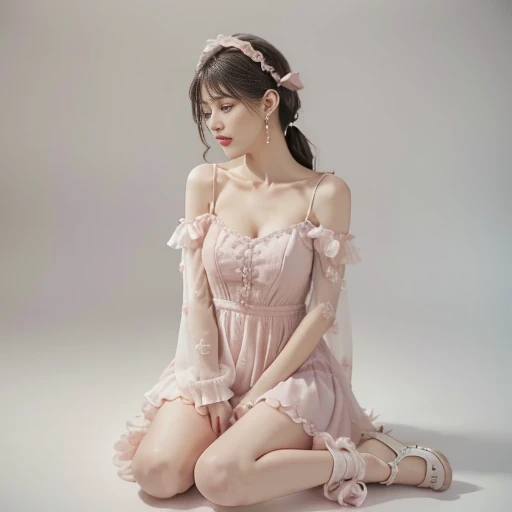 The above-the-knee length pale pink ruffled dress is decorated with lace, ribbons, and countless embellishments. The neckline is low-cut, showing some cleavage, and the sleeves have puffy ruffles. For footwear, wear white ankle-strap sandals with small heels. For accessories, Maya added a pink headband with a matching bow and dainty pearl earrings.