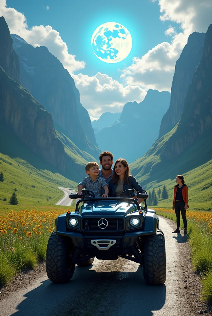 Dad and his two-year-old son sitting on a Mercedes ATV and his wife watching them from afar, all this in a landscape similar to Switzerland with waterfalls and on the road with a super blue moon