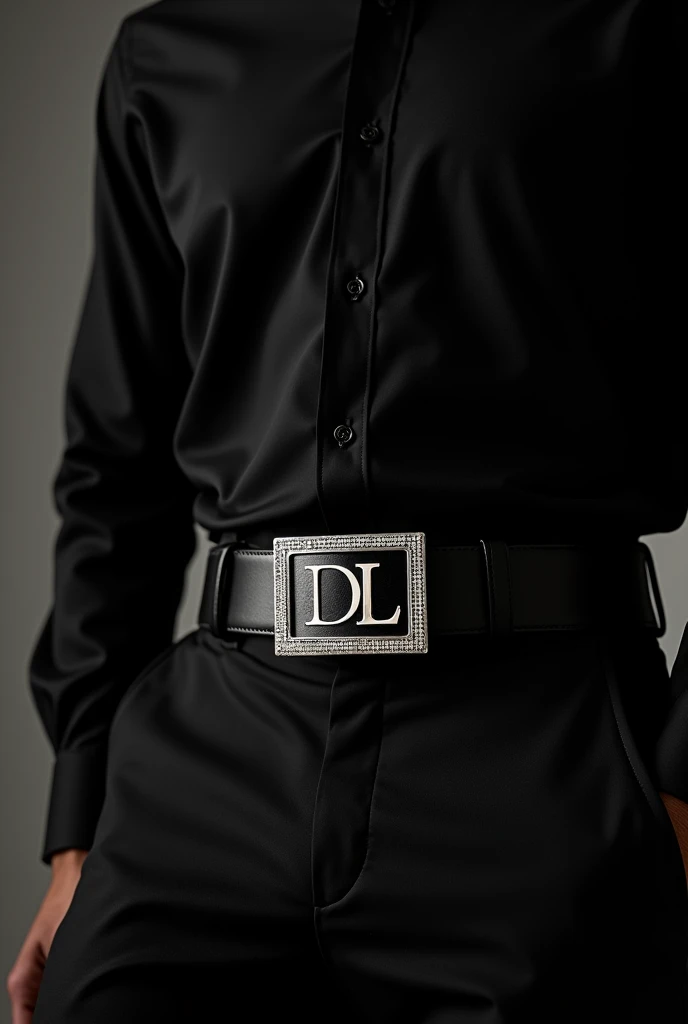 Men's black formal wide belt in genuine leather with modern square buckle,Plata, rhinestones on the edges, written in the center the initials DL in italic font precious stones The model is of black ethnicity and wears a black shirt