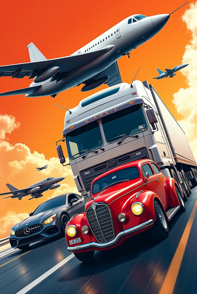 a panel with art that refers to racing cars, plane, trucks, representing mobility