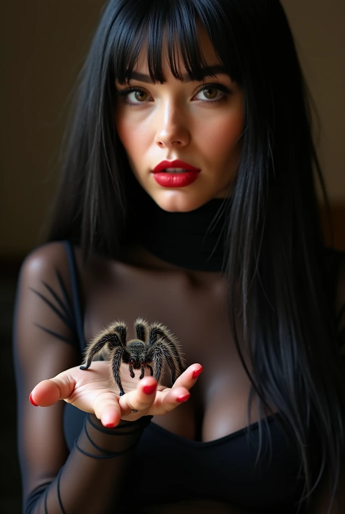 ultra realistic, photography, portrait, close-up, extreme close-up, long black straight hair, (30 years old, hazel eyes, hourglass figure, perfect fit body, slightly tanned skin, natural big breasts), red lipstick, she is wearing a tight black sheer turtleneck top, she has a tarantula crawling over her hand, 