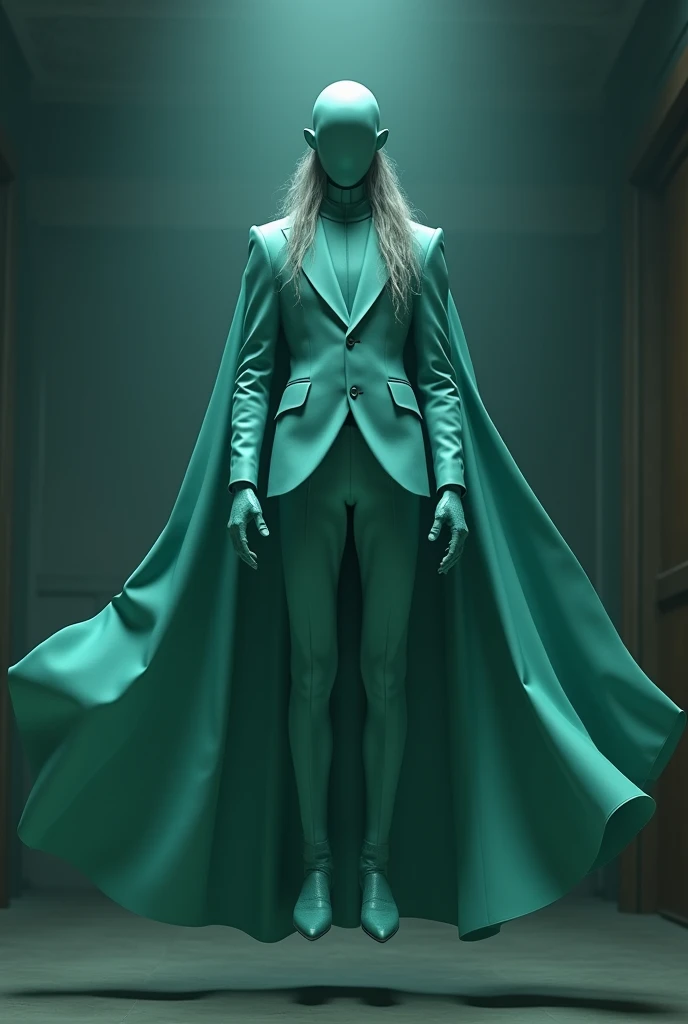 (photorealism:1.2), A photo of a 20-year-old man flying in a dimly lit room. The man is very thin and is wearing a light blue suit that covers his entire body, mint green gloves, and
boots. He has a very long mint green cape. The suit has a triangular mint green collar area that reaches down to his chest. The man has long grey hair and has no face or facial features; his face is white and has no facial features. He takes inspiration from the DC Comics character The Question.