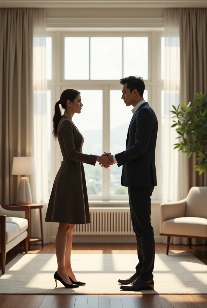A beautiful couple is shaking hands and quarreling inside a room.
The interior of the house will be very tidy.