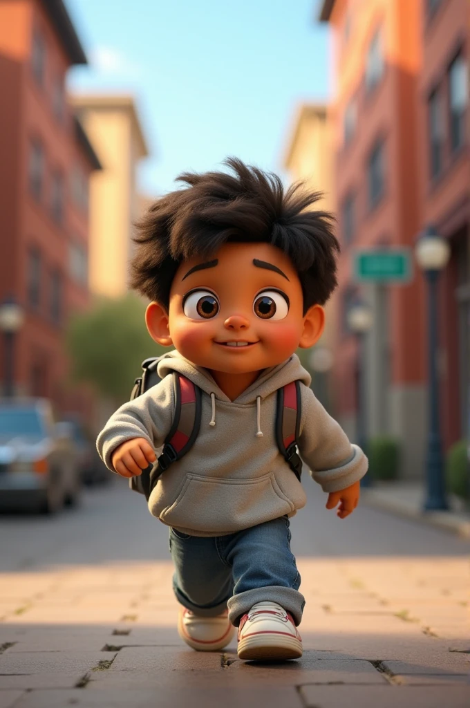 Enrique character from Sesame Street with a small grey sweatshirt and backpack on the way to school
