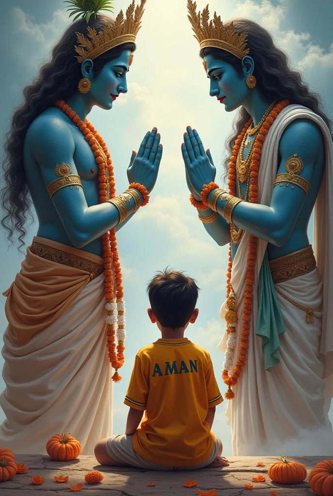 A boy wear Aman name jersey sitting in front of lord Krishna and lord Krishna blessing him