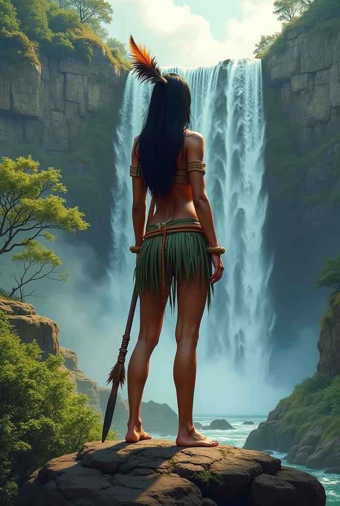 A thin adult cabocla with long, straight hair, wearing a small skirt of leaves and a top with a single feather on her head and holding a spear, at a forest, on top of a small rock looking at a waterfall 