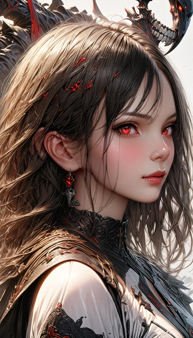 最high quality, masterpiece, Ultra-high resolution, (Realistic: 1.4), ((masterpiece: 1.4, 最high quality))+,(Super detailed)+, Official Art, unity 8k wallpaper, Super detaileded, beautiful, high quality, beautiful, masterpiece, 最high quality,  whole body, Character portrait, White Background, Red Straight Hair, Dark Eyes, Black Little Snake, White Theme, Red Jewelry, stud, Black lace flats, Asymmetrical Skirt, Bloodstains on skirt, devil, skeleton, Lots of lace, Glowing Skin, , rtrophto1,