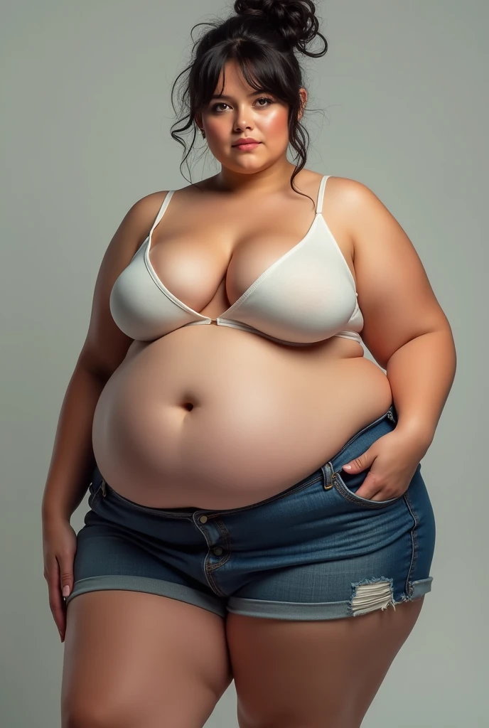 a woman, with a (morbidly obese build), large breasts, big round belly hanging over tiny Jean shorts, hair in a messy bun, (croptop showing underboob)