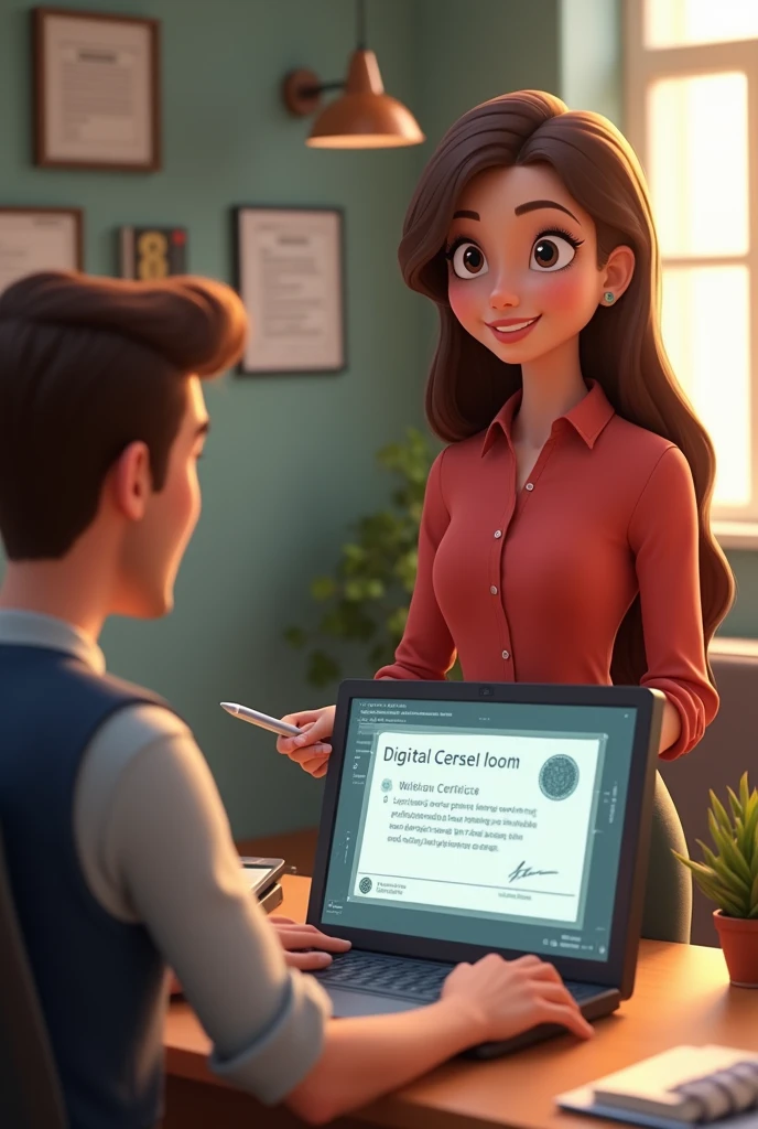 brown haired girl in a light red formal blouse using a computer writing digital certificate on the screen taking the client's biometrics with a male client in an office background in the Disney Pixar style