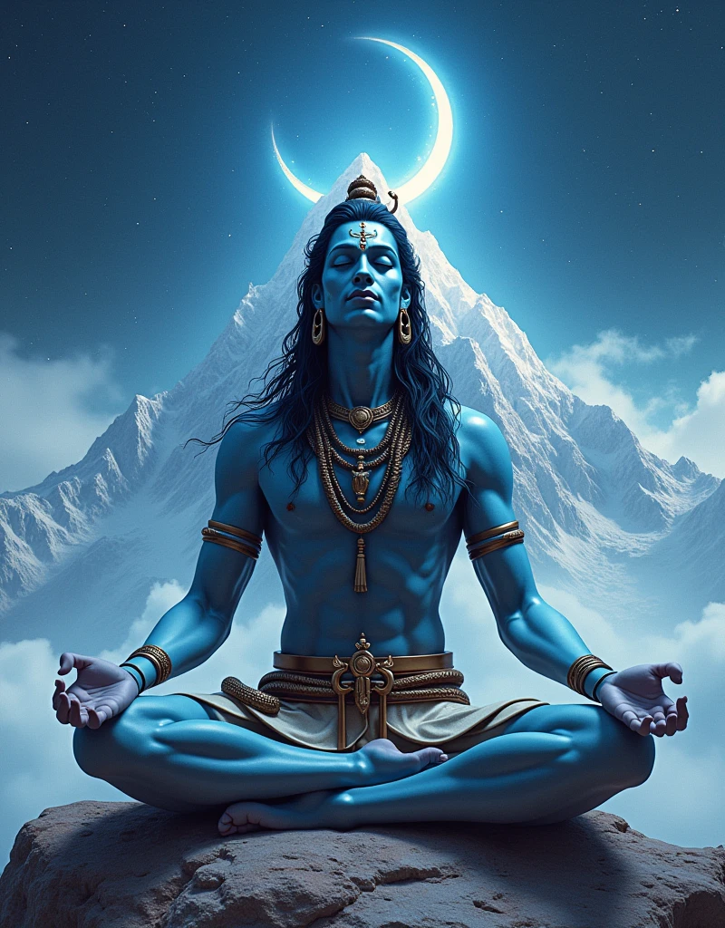 "Create a sci fi divine depiction of Mahadev, the Hindu god Shiva, seated in a meditative pose on Mount Kailash. Surround him with an ethereal glow, with the Ganges flowing from his matted hair, and a crescent moon resting above his head. His eyes are closed in deep meditation, a serene expression on his face. The background features snow-capped mountains and a starry night sky. Include a trident (Trishul) beside him and a snake coiled around his neck. The artwork should convey peace, power, and spirituality, with intricate details in traditional Indian art style."