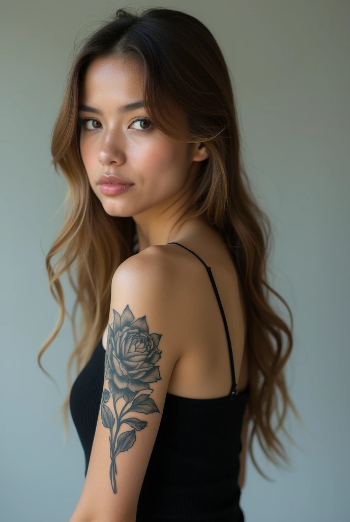 A woman with a medium complexion, likely in her late teens to mid-twenties, stands with her back to the camera. Her long, light brown hair cascades down her back, styled straight and loose with a center parting. Her black, strapless top reveals her back and shoulders, and appears to be made of a stretchy material like spandex or a spandex blend, fitting her body closely.

On her right upper arm, a black ink tattoo of a flower with a detailed design covers a significant portion of her skin. The tattoo is intricately designed and exquisite, with delicate petals and intricate details that catch the light, tiny colored like a gradient fall of colors;

The subject's posture is straight, with her arms relaxed at her sides. Her head is turned to look over her right shoulder, her eyes looking directly at the camera with a hint of intensity. Her expression is otherwise neutral, with a subtle, soft quality to her features, imposing a mystery and quite sensuality 

The background is a light grey color with a soft gradient, giving the image a sense of depth and dimensionality. The lighting is soft and diffused, coming from a source in front of the subject, and illuminates her face and upper body evenly. There are no harsh shadows or distractions, keeping the focus squarely on the subject.

The image is high-resolution, with good detail and clarity. The subject's features, tattoos, and clothing are all clearly visible, with a level of texture and dimension that draws the viewer in.

Image Specifications:

Resolution: High-resolution
File format: JPEG or similar
Dimensions: 3000 x 2000 pixels or similar
Color depth: 24-bit or similar
File size: 5-10 MB or similar