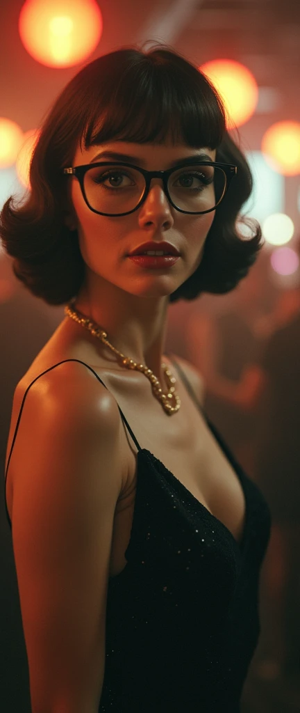 colour 1940s polaroid frame english sophisticated trophy wife femme fatale female formal dress bangs hairstyle with formal posture very exquisite quaint elegant with glasses at an DJs gig undeground rave