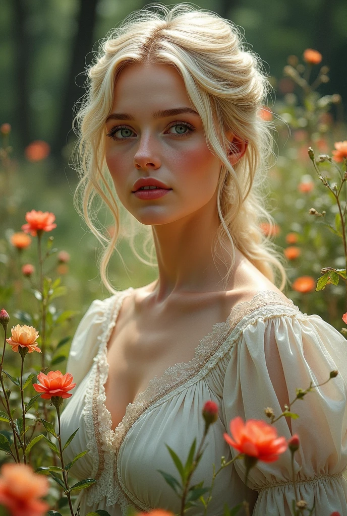 красивая женщина блондинка, photorealistic, watercolor, romantic, vibrant, soft natural light, golden ratio, victorian era, на лесной поляне в обрамлении цветов, reminiscent of Rembrandt