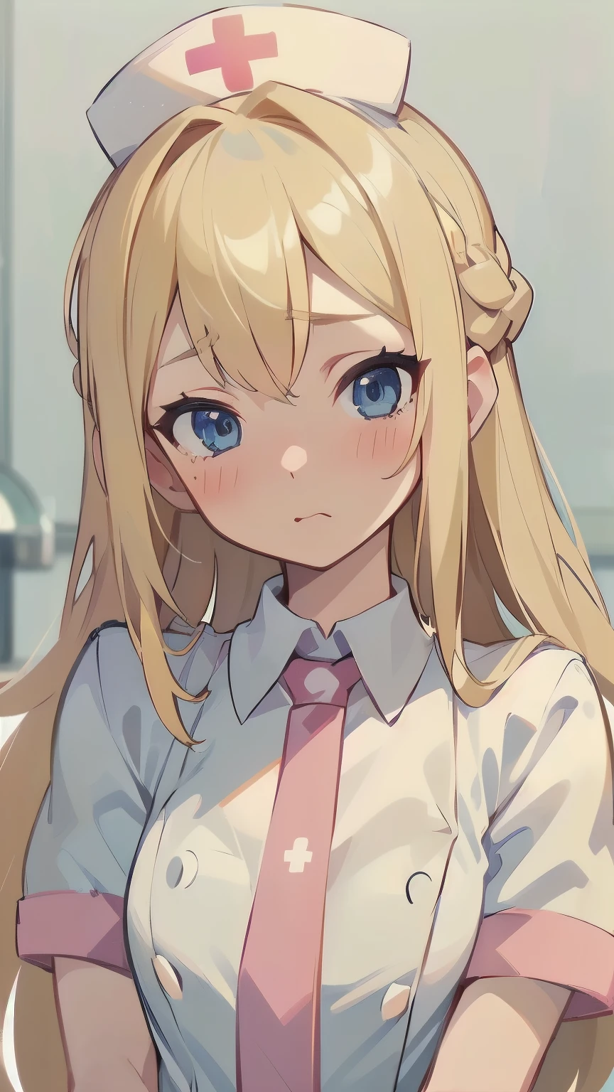 (blonde_hair), (long_female_hair), (light_blue_eyes), (high_detailed_eyes), (attractive), (flat), (shy_face), (blushing), (female), (nurse), (nurse_cap), (whiteware), (White legwear), (detailed_Hair), (detailed), (detailed_mouth), (young_appearance), (clinic), (upper_body_close-up), (Picturesque)