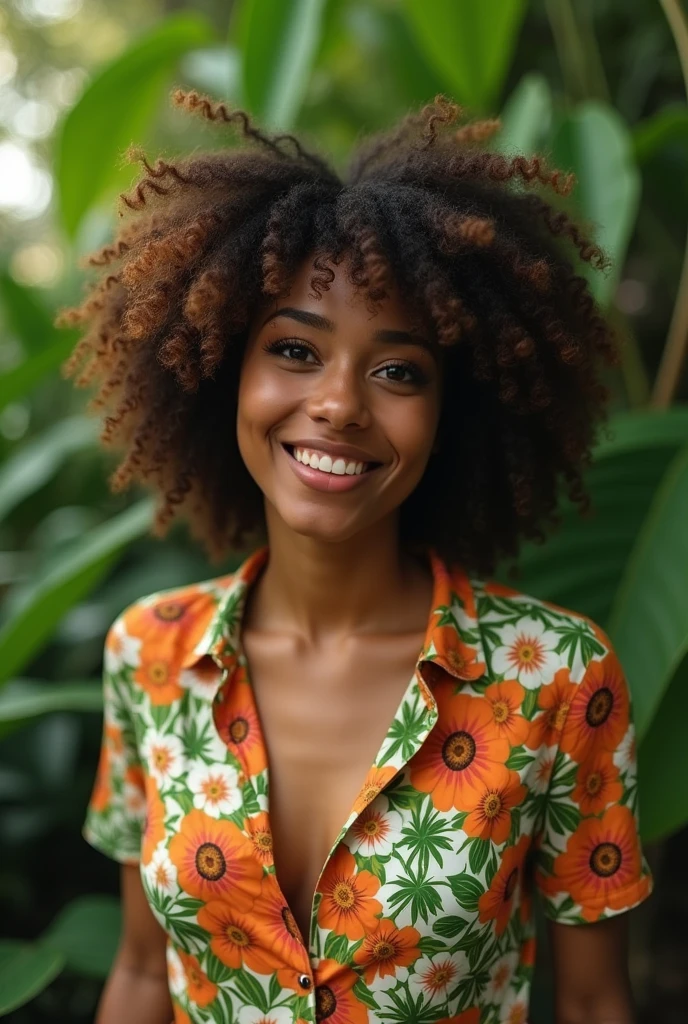 A Brazilian woman in a lush tropical garden, wearing an open shirt with a floral print, with a close-up capturing the harmonious beauty between her breasts and the natural flowers, showing off your natural charm and outgoing personality.