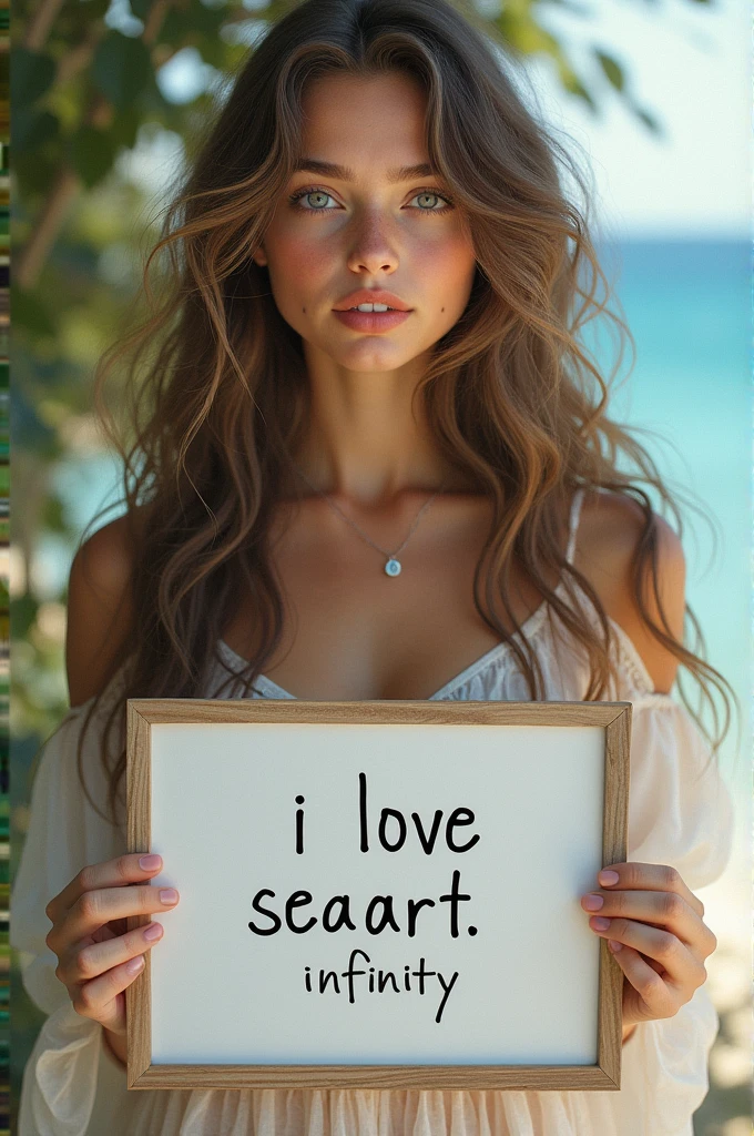 Beautiful girl with wavy long hair, bohemian dress, holding a white board with text "I Love Seaart Infinity" and showing it to the viewer