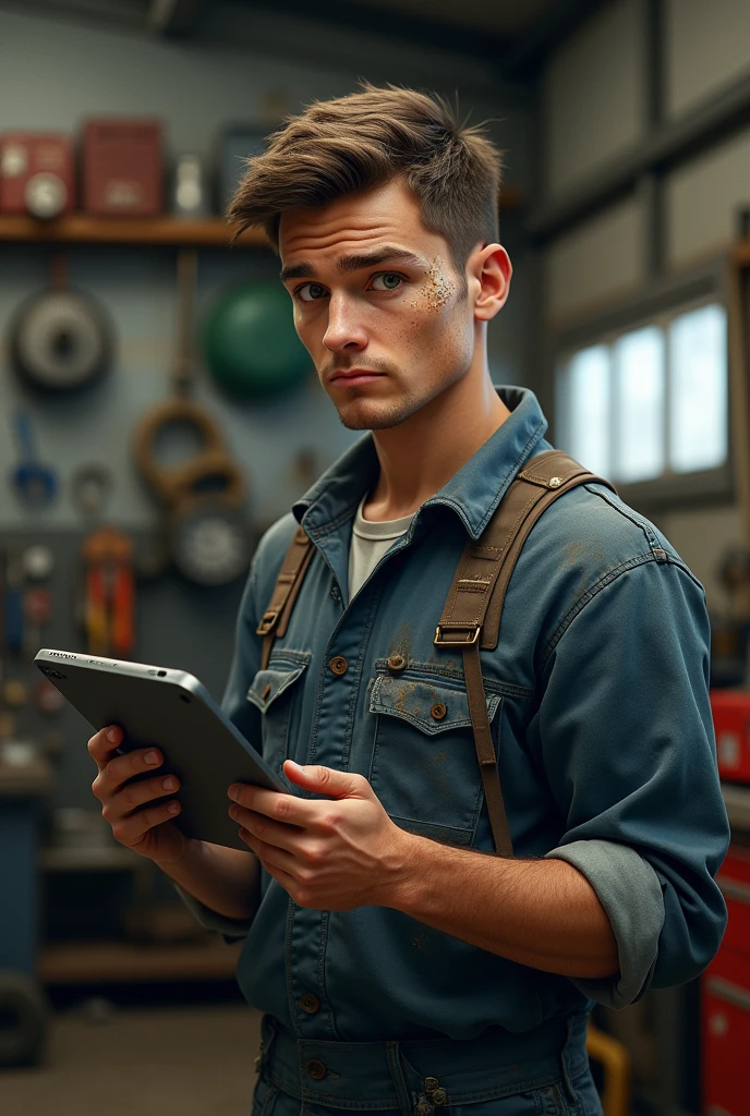 With a tab in hand, a young mechanic man staring at us