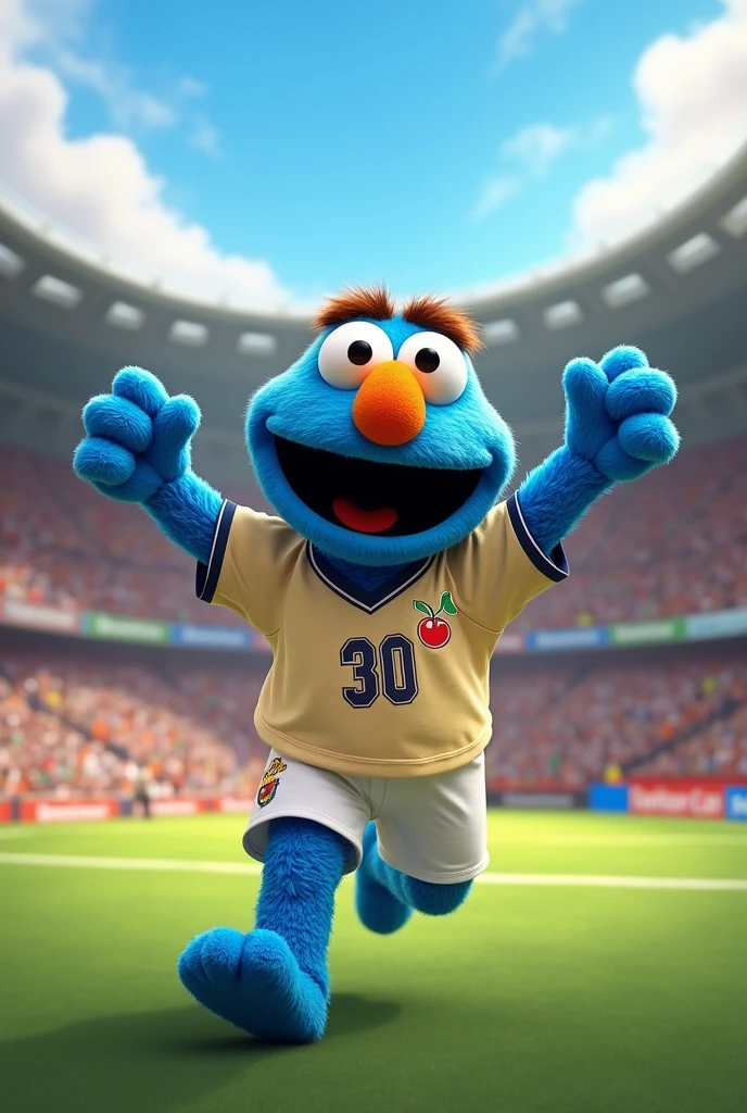 blue Sesame Street character, Pancho Contreras, with yellow eyes with black pupils, egg-colored nose, brown eyebrows, wearing a cream-colored soccer jersey, with the number 30 on the back, the jersey has a cherry U, celebrating goal in a soccer stadium.