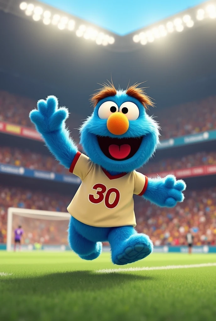 blue Sesame Street character, Pancho Contreras, with yellow eyes with black pupils, egg-colored nose, brown eyebrows, wearing a cream-colored soccer jersey, with the number 30 on the back, the jersey has a cherry U, celebrating goal in a soccer stadium.