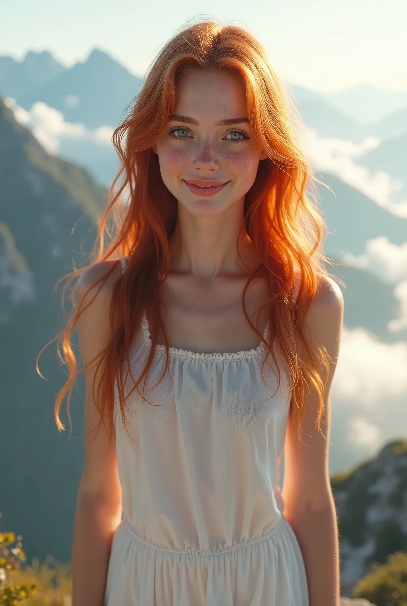 A photorealistic image of a slender and graceful woman, around 2, with fair skin and a rosy blush. Her long, flowing red hair cascades over her shoulders, framing her face. She has captivating blue eyes and a perfect smile. She wears a simple white top and angelic attire. She stands atop a majestic mountain peak, rising above a sea of clouds on a bright, sunny day. The image is a three-quarter shot, capturing her from the front, with the sunlight illuminating her from the left, showcasing her full figure and the breathtaking scenery behind her. --s 750 --v 6.1 --style raw