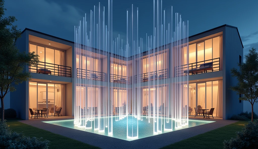 This is a baseball player's dormitory. It's a two-story building. The common area on the first floor includes a living room, a kitchen, and a central recreational space. In the recreational space, there are 12 acrylic tubes, each 15 centimeters wide, standing vertically and illuminated. These tubes serve as an art installation for the dormitory.