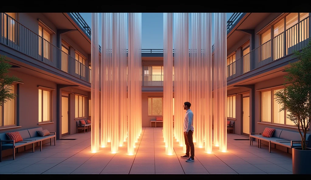 This is a baseball player's dormitory. It's a two-story building. The common area on the first floor includes a living room, a kitchen, and a central recreational space. In the recreational space, there are 12 acrylic tubes, each 15 centimeters wide, standing vertically and illuminated. These tubes serve as an art installation for the dormitory.