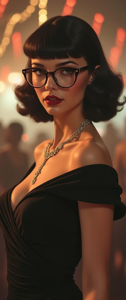 colour 1940s polaroid frame english sophisticated trophy wife femme fatale female formal dress bangs hairstyle with formal posture very exquisite quaint elegant with glasses at an DJs gig undeground rave