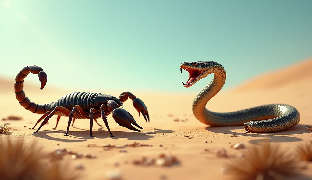 A small scorpion and a snake in the desert.