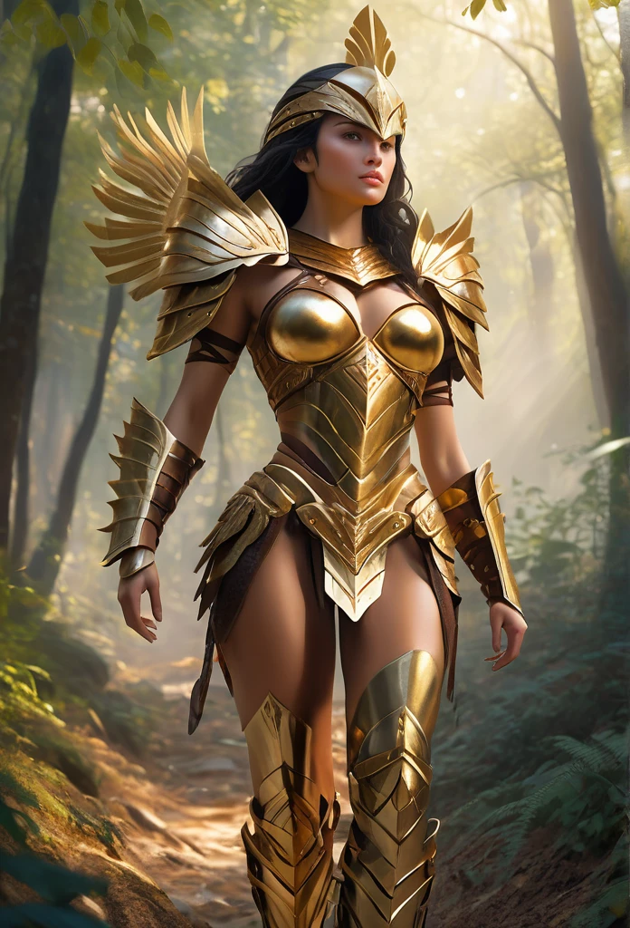 a woman in a gold necromant costume walking through a forest, stunning armor, warrior woman, unreal engine render + a goddess, cinematic goddess body shot, beautiful armor, beautiful female warrior, a beautiful woman warrior, warrior outfit, gold heavy armor. dramatic, aztec warrior goddess, warrior girl, warrior queen, ornate bikini armor, using leather armour with bones