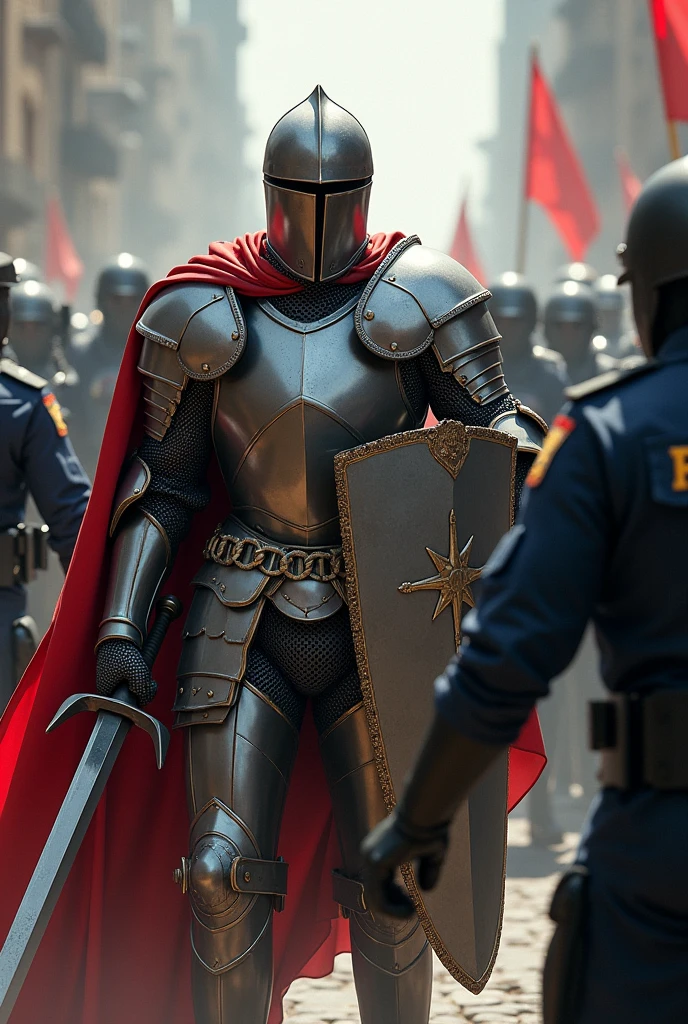make a picture of a knight with a sword in armor fighting against the police with his sword, the police are fully dressed and the police shield has fallen and the helmet with the typical police face covering ,set during a political demonstration, seni digital