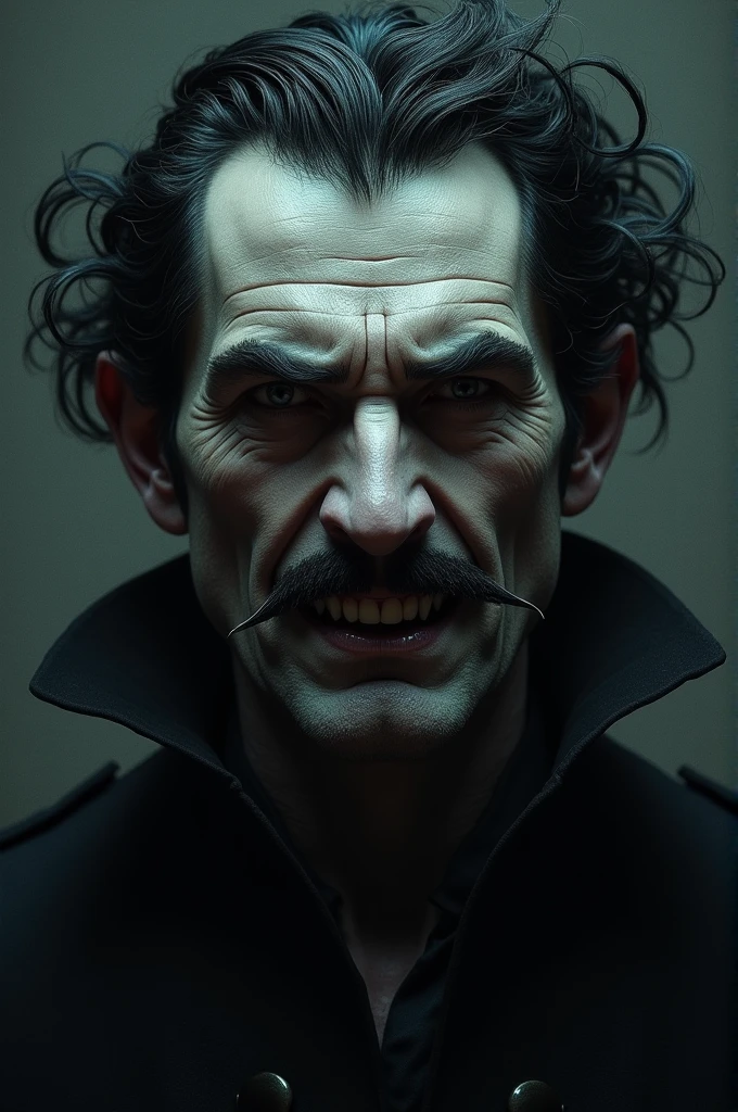 Draw a dracula with a strong a very strong aquiline face with high bridge of the thin nose and peculiarly arched nostrils. With massive eyebrows almost meeting over the nose , and with bushy hair that seemed curl in its own profusion. The mouth under heavy mustache, and rather cruel looking, with peculiarly sharp white teeth ; protruded over the lips, whose remarkable ruddiness with pale ears and at the tops extremely pointed ; the chin was broad and strong ,and the cheeks firm through thin. And extraordinary pallor.