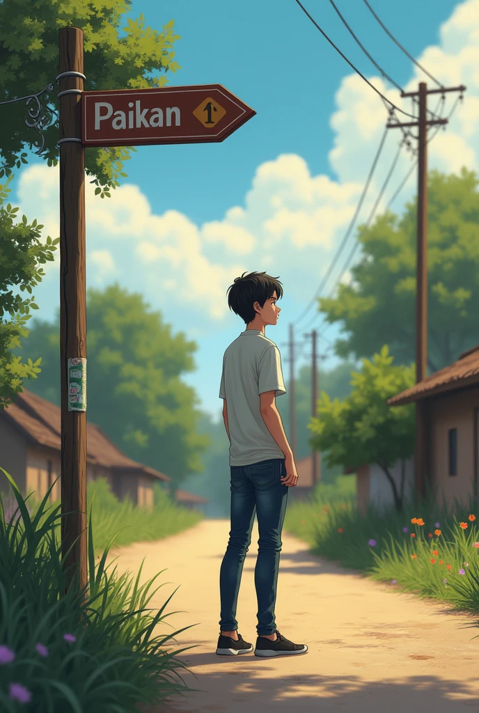 A boyfriend is waiting in the turning point of a place name Paikan infront of a signboard named Paikan for his Girlfriend 
