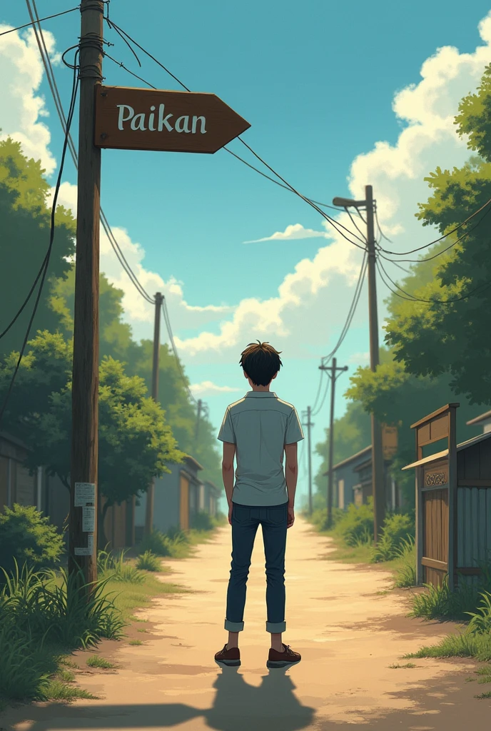 A boyfriend is waiting in the turning point of a place name Paikan infront of a signboard named Paikan for his Girlfriend