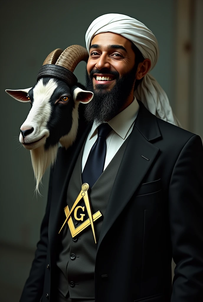 osama bin laden in black jacket, black necktie, with the symbol of Freemasonry drawn on the tie, a black and white goat in a turban, smiling and winking