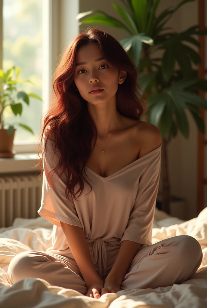 (photorealism:1.2), beautiful indonesian woman, sitting on bed, wearing loose off-shoulder top, pajama pants, long burgundy curly hair, indoors, soft lighting, plants in background, window with sunlight, cozy room, relaxed pose, realistic, intricate details, warm colors, by Greg Rutkowski, by Alphonse Mucha