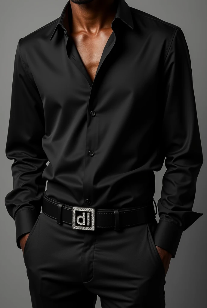 Men's black formal wide belt in genuine leather with modern square buckle,Plata, rhinestones on the edges, written in the center the initials DL in thin italic font precious stones The model is of black ethnicity and wears a black shirt Elegant, refined and sophisticated