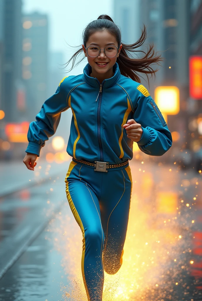 Chinese japan women average age wear jumpsuit high tech(( blue yellow)) ((age 15year old)). high tech belt. ))afternoon time((Running effect photography. flat chest.))((zoom effect photography)) Glowing yellow power.((wear jacket blue))short girl. Runfast effect.(( turtle neck dress)).. ((Wear blue big round glasses big frame)).running speed of light . latex suit. big tight.((flat chest breast)) running athlete.pontytail hair. Braces teeth.((running racing track )).Bokeh background. Panning effect. Yellow high tech watch. a beautiful young chinese women, , wearing a high-tech blue and yellow very tight jumpsuit.(( wear jacket bomber jacket blue yellow)), venus body type.. unning with style pose , girl want to fall. ,floating water pallet, photorealistic.(( fast train effect))detailed facial features, long hair, elegant pose, dynamic lighting. ((glowing body yellow lightning thundereffect)), 8k, award-winning digital art, intricate details, vibrant colors, cinematic composition. very fasr run, highly detailed.(( star light trail effect photography)). speed of light. froze time effect. at the city.run water . spash water. the girl run fast on wet road. background speed of light((.knee cover shield )) nike shoes sneaker running ..