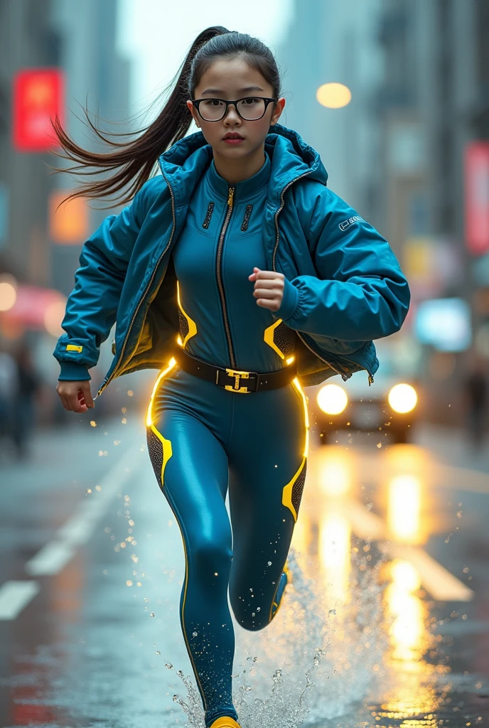 Chinese japan women average age wear jumpsuit high tech(( blue yellow)) ((age 15year old)). high tech belt. ))afternoon time((Running effect photography. flat chest.))((zoom effect photography)) Glowing yellow power.((wear jacket blue))short girl. Runfast effect.(( turtle neck dress)).. ((Wear blue big round glasses big frame)).running speed of light . latex suit. big tight.((flat chest breast)) running athlete.pontytail hair. Braces teeth.((running racing track )).Bokeh background. Panning effect. Yellow high tech watch. a beautiful young chinese women, , wearing a high-tech blue and yellow very tight jumpsuit.(( wear jacket bomber jacket blue yellow)), venus body type.. unning with style pose , girl want to fall. ,floating water pallet, photorealistic.(( fast train effect))detailed facial features, long hair, elegant pose, dynamic lighting. ((glowing body yellow lightning thundereffect)), 8k, award-winning digital art, intricate details, vibrant colors, cinematic composition. very fasr run, highly detailed.(( star light trail effect photography)). speed of light. froze time effect. at the city.run water . spash water. the girl run fast on wet road. background speed of light((.knee cover shield )) nike shoes sneaker running ..