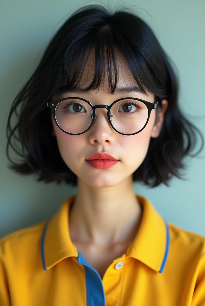 White adult woman, with dark eyes, wearing round prescription glasses, with short, shoulder-length black hair with eyebrow-length bangs, with red mouth and wearing a yellow polo shirt with a blue collar