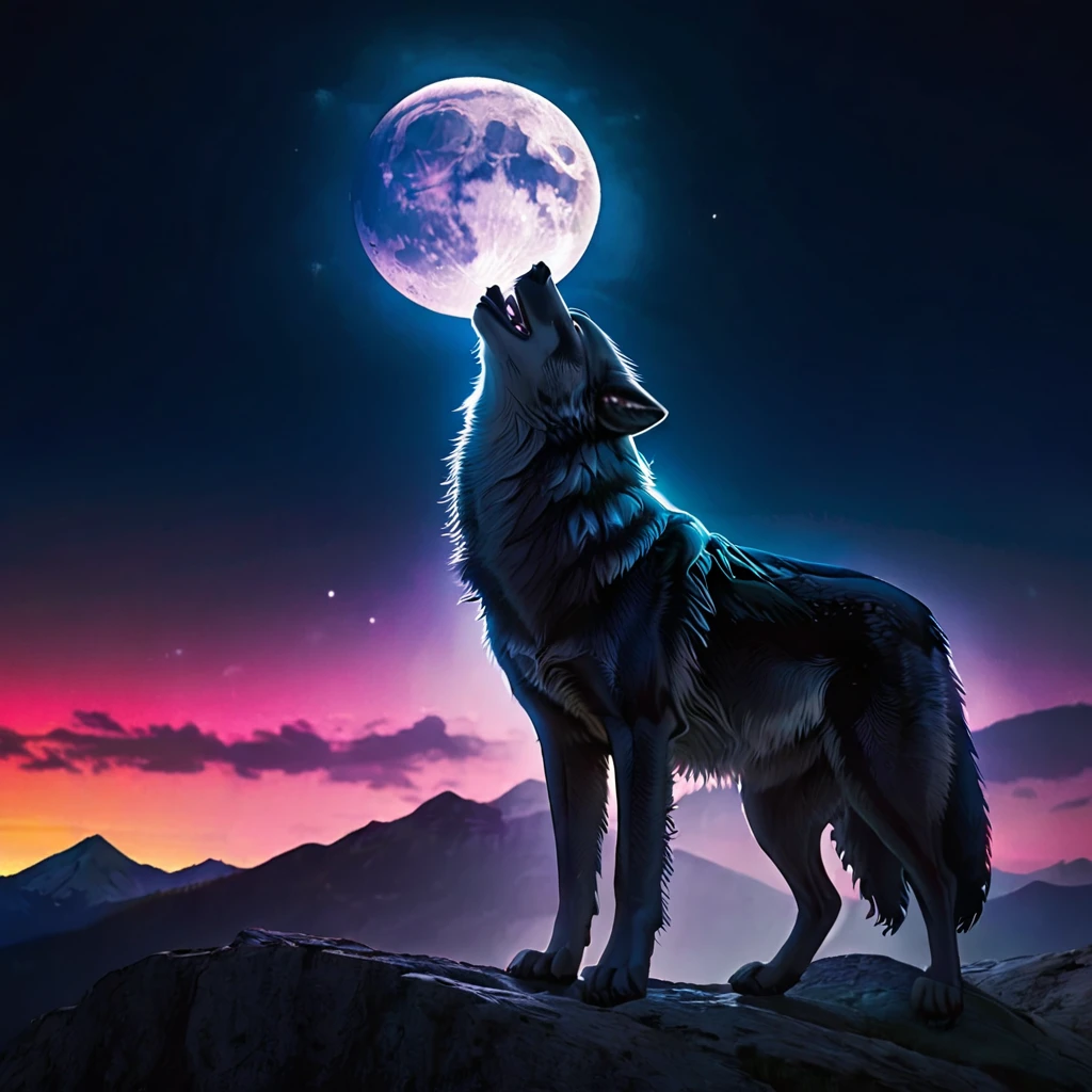 A picture from a distance of a wolf standing on top of a mountain, darkness, night, full moon, big, colorful