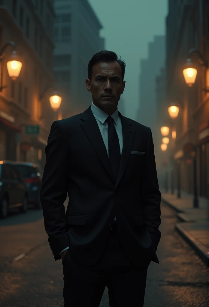 man standing alone in the dark street there is light from the lamps, Wearing elegant clothes, focus on your waist to your head