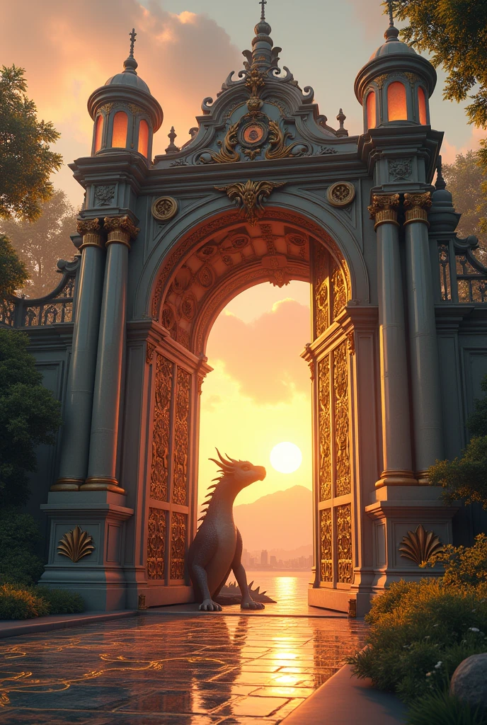 A palace which is most beautiful gate and time is sun set and enter the gate in left sid of gate a dragon plying