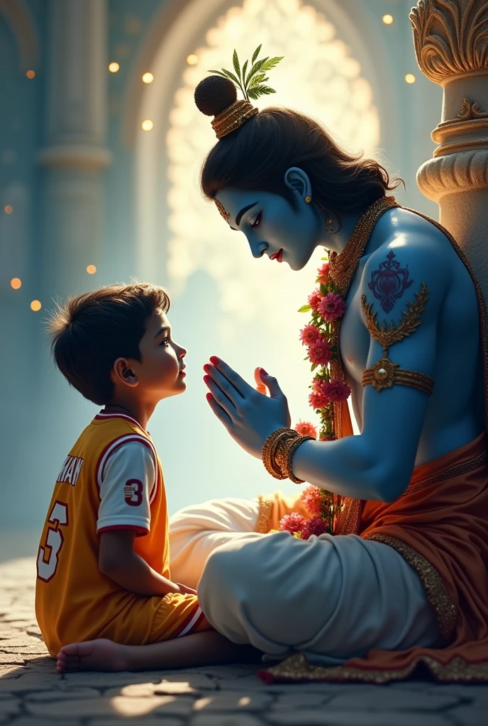 A boy wear Aman name jersey sitting in front of lord Krishna blessing him