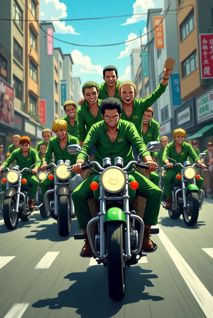 Zoro brought his squad of 100 people on a busy motorbike, all wearing green clothes that said glide on their clothes. all his troops were excited