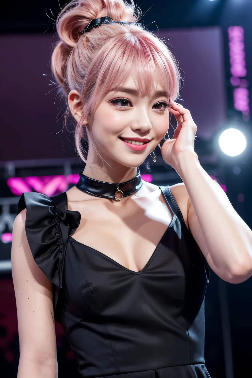 realistic, on the stage of the concert, brightly lit by spotlights on the stage, extremely bright lighting, singing in front of stand microphone, wearing blackdress, bright ashed-pink hair, ponytail hairstyle, hair is blowing in the wind, hair is shaggy and dishevelled, beautiful white-colored translucent skin, sweat splashes, slendar figure, very tiny and almost flat breasts, heavy and vivid makeup, kawaii makeup, small nose, smooth shaped jawline, glossy face, heavy flushed cheeks, big smile, close up shot