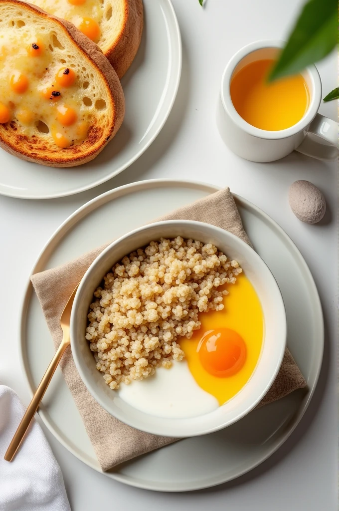 Quinoa with milk and bread with cheese has to be the photo from the top perspective of the plate and the photo has to be as credible as possible