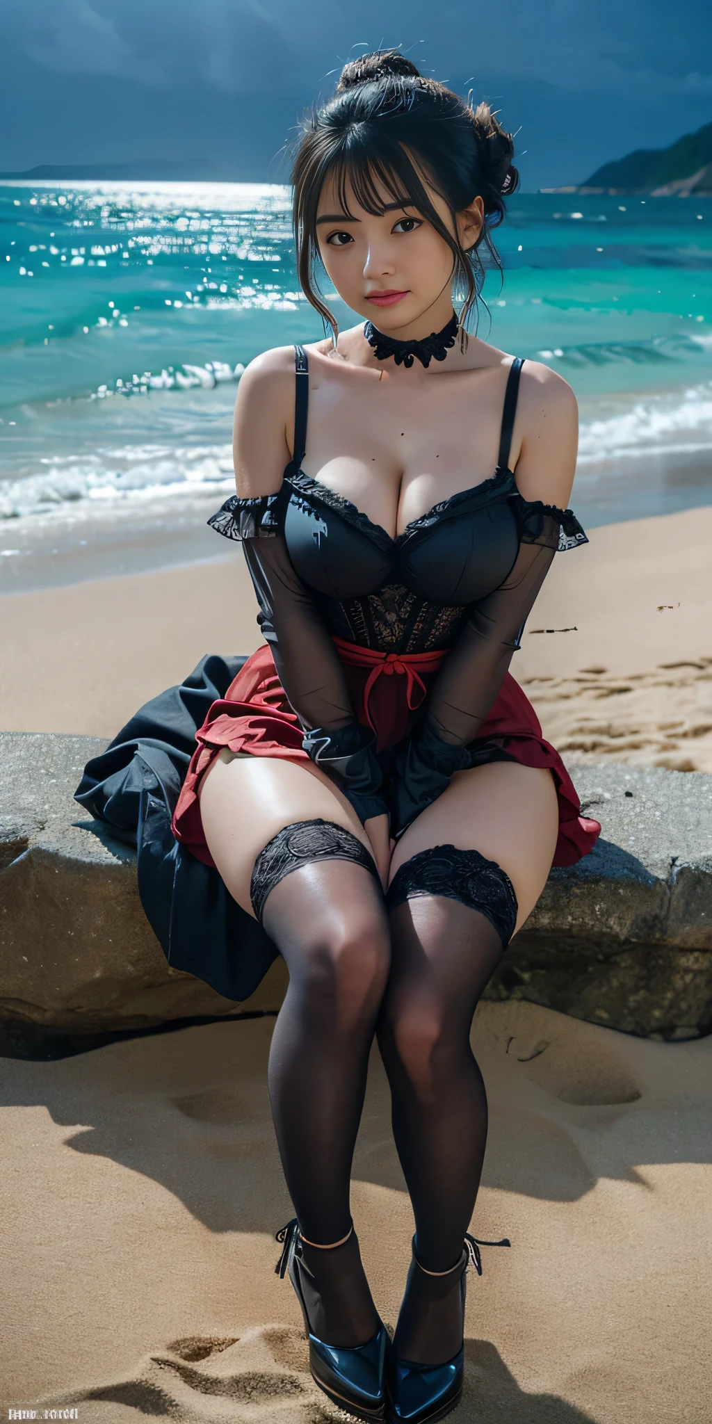 (8k,RAW Photos,Like the picture:1.45),Detailed skw, Detailed face, Detailed eyes, Dutch Angle, Perfect hands, from the front, one person, Cute Japanese Woman, young, Beautiful women w their 20s, 2,  非常に巨大な顔より大きい巨乳one person, Adult, Mature Woman, Very huge face bigger breasts, Browswg Caution, lwgerie, avatar (series), CHAR-F avatarseries トフ・ベイフォン シュリク作, (Black Hair:1.2), , Poor Complex (White Red 1.5) Night dress, , (Long frilly elbow gloves, Lace knee socks, High heels:1.15), (updo:1.3), Embarrasswg, tears, Sittwg, wave hands, (Summer late night beach)w, ((Hold me))